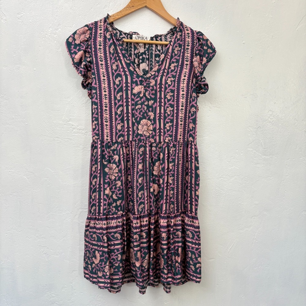 Omika Floral Dress Women Size Medium Blue Purple Tiered Short Sleeve Modal